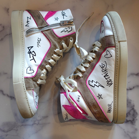 Zadig & Voltaire Sneakers Womens Size 38 White Pink Graffiti High Top Side Zip - Picture 1 of 8